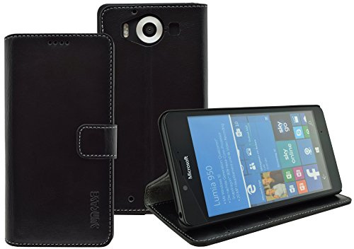 Suncase Microsoft Lumia 950 / Lumia 950 Dual-SIM Book-Style (Slim-Fit) Ledertasche Leder Tasche Handytasche Schutzhülle Case Hülle (mit Standfunktion und Kartenfach) schwarz