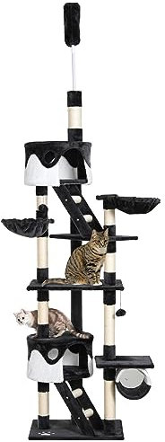 PawHut Floor to Ceiling Cat Tree, 240-260cm Adjustable Height Cat Tower with Scratching Posts, Cat Houses, Ramps, Hammocks, Toy Balls, Tunnel for Indoor Cats - Black