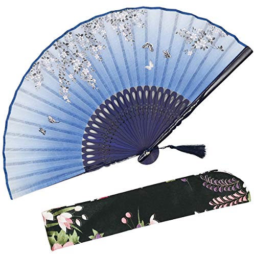 OMyTea Sakura Love Folding Hand Held Fan for Women - With a Fabric Sleeve for Protection - Chinese/Japanese Vintage Retro Style for Wedding, Dancing, Church, Party, Gifts (Blue)