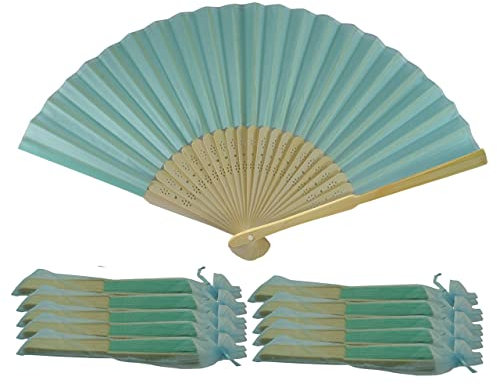 FANSOF.FANS Turquoise Pack of 10 Wholesale Silk Fabric Handheld Folding Fan with Grade A Bamboo Ribs for Women Girls Summer Party Event Favour Birthday Wedding Best Gift