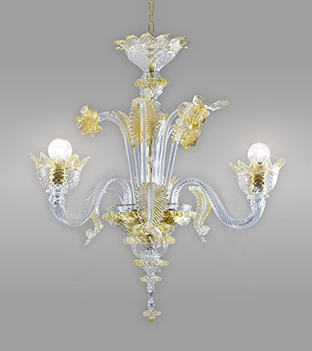 Lámpara de araña de cristal de Murano de 3 brazos, color ámbar dorado