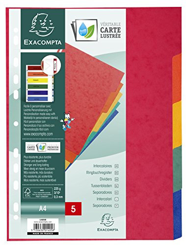 Exacompta - Réf. 1405E - Intercalaires en véritable carte lustrée souple 225g/m2 FSC® avec 5 onglets neutres - Format à classer A4 - Dimensions 22,5 x 29,7 cm - couleurs assorties