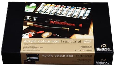 Rembrandt Set de Peinture Acrylique Professionnelle dans une Boîte en Bois de Luxe Traditionnelle | 10 Tubes (40 ml) + Pinceaux & Accessoires