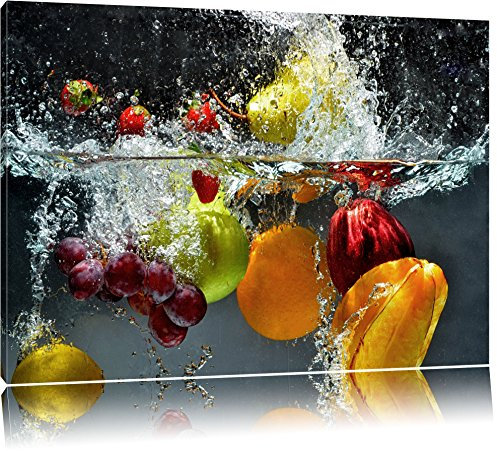 Pixxprint Früchte Fallen ins Wasser, Größe: 60x40cm, Leinwandbild, fertig gespannt, Wandbild, Dekoration, Kunstdruck, kein Poster