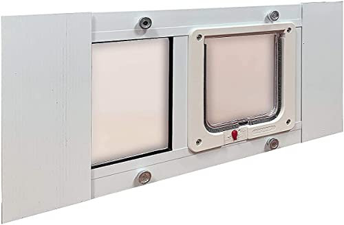 Ideal Pet Products - Puerta de Aluminio para Mascotas, Ajustable para Adaptarse a Anchos de Ventana de 23 a 28 Pulgadas, Solapa para Gatos de 6-1/4 x 6-1/4 Pulgadas