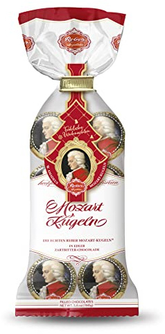 Reber Echte Reber Mozart-Kugeln, Weihnachts-Edition, Pralinen aus Zartbitter-Schokolade, Marzipan, Nougat, Ideales Weihnachtspräsent, 3 x 8er-Confiserie-Tüten