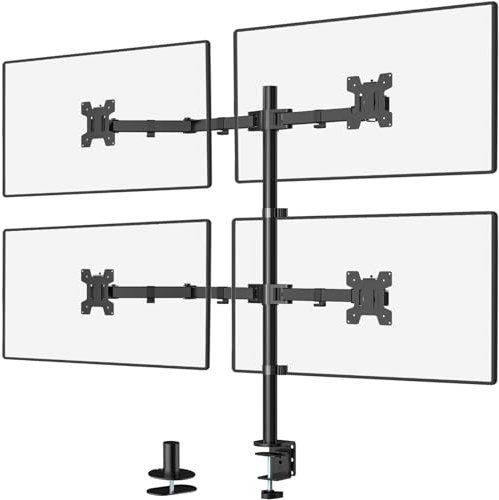 WALI Monitor Halterung 4 Monitore für 13-27 Zoll LED und LCD Bildschirm, 4 Monitor Tischhalterung Schreibtisch Monitorständer Neigbar Schwenkbar Drehungbar, 10 kg pro Arm, VESA 75/100mm(M004), Schwarz