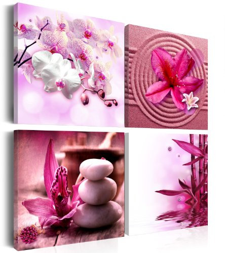 B&D XXL - Wandbilder Set Blumen 60x60 cm 4 Teilig je 30x30 Vlies Leinwandbild Kunstdruck modern Wandbilder XXL Wanddekoration Design Wand Bild mehrteilig - Lilien Orchidee Steine Spa rose 0
