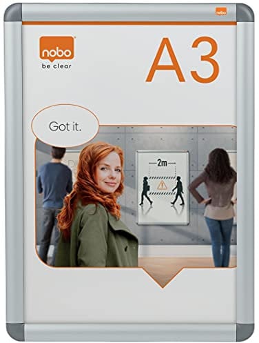 Nobo Premium Plus Plakatrahmen mit Klapprahmen, Größe A3, Wandbefestigung durch Eckmontage, Aluminiumrahmen, Entspiegelte Kunststoff-Abdeckung, Silber, 1902213