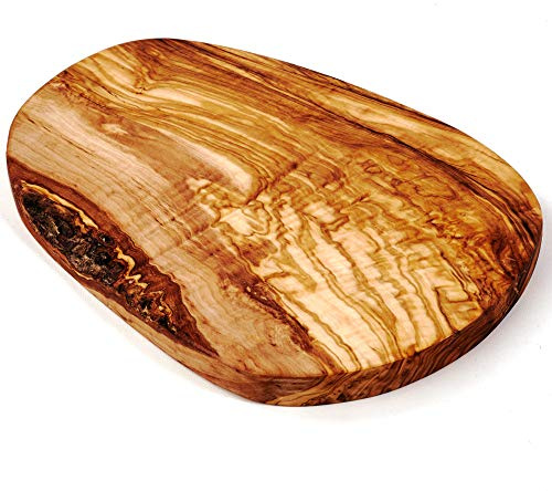 DAS OLIVENHOLZBRETT® Schneidebrett aus Olivenholz/Olivenholzbrett/Servierbrett aus Holz/Frühstücksbrett/Brotzeitbrett/Steakbrett Holz/Naturschnitt 50-54cm lang / 23-27cm breit