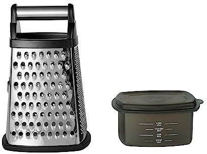KitchenAid KN300OSOBA Gourmet Râpe en acier inoxydable à 4 côtés pour râpe fine, moyenne et grossière, trancher, récipient de rangement amovible à 3 tasses et marquages de mesure, passe au