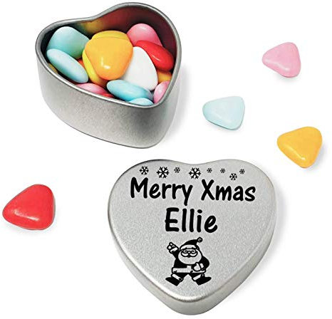 Gift In Can Merry Xmas Ellie Heart Shaped Mini Tin Gift filled with mini coloured chocolates perfect christmas card alternative for Ellie Fun Festive Santa Design