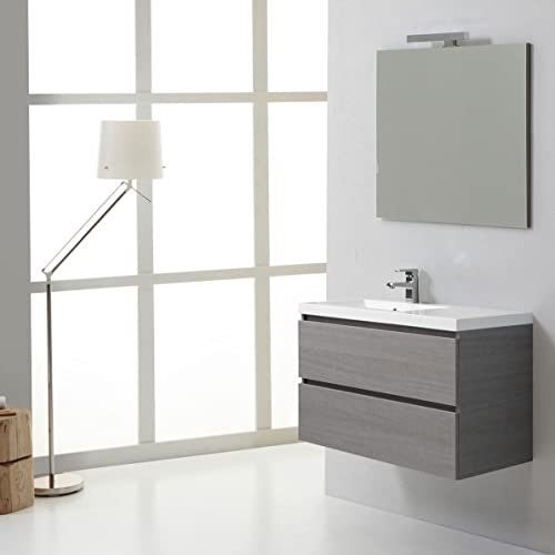 Kiamami Valentina - Meuble de Salle de Bain Suspendu 90cm 2 tiroirs, lavabo à Gauche, Miroir 90x70 | Manhattan