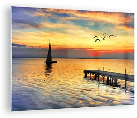 Moderne Impression sur Verre Plage paysage eau pont Image Tableau en Verre Decoration Murale 70x50cm Deco Cadre Salon Chambre Cuisine Horizontal Petit Tableaux Decoratifs Muraux Art Wall GAA70x50-2535