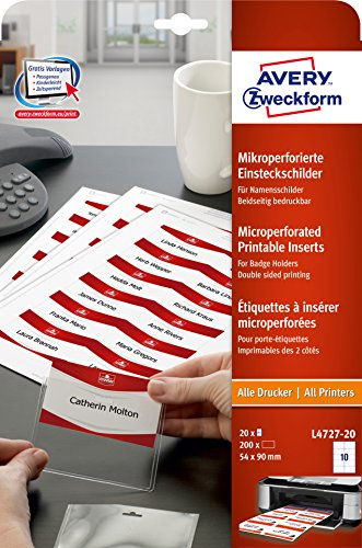 AVERY Zweckform L4727-20 Einsteckschilder (90x54 mm auf DIN A4, bedruckbare Einsteckkarten, mit extra feiner Mikroperforation, beidseitig beschriftbar, 200 Namensschilder auf 20 Blatt) weiß