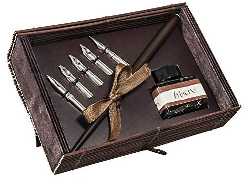 Online 81411 - Kalligraphie Set mit Federhalter, 5 Federn (3x Bandzug 1, 5 mm, 1, 9 mm, 1, mm und 2x Spitzfedern) und Tintenglas, in Bamboo-Geschenketui, 1 Stück
