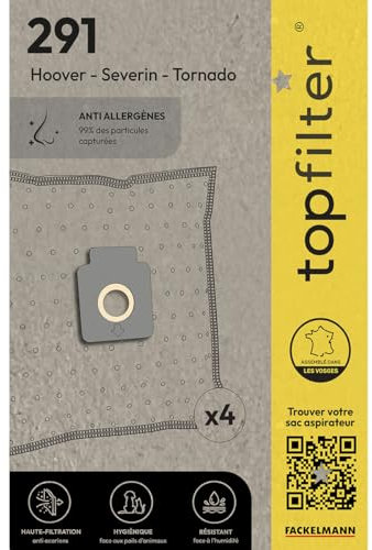 TopFilter 64291 Lot de 4 sacs aspirateur Hoover, sac aspirateur, poche aspirateur, accessoire aspirateur, Non tissé polypropylène, Carton, Caoutchouc, 30 x 26 cm
