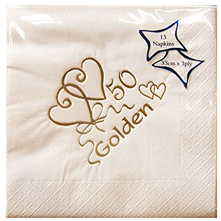Pack of 15 Golden 50th Anniversary Napkins - 33cm x 33cm - 2654