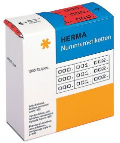 HERMA Number Labels 0-999, Triple, 3000 Pieces, 22 x 10 mm, Self-Adhesive, Matte, Triple Sequential Paper Number Labels, Asset Numbers in Dispenser Box, Red