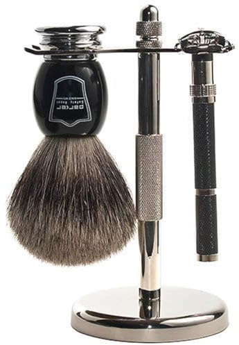 Parker Safety Razor 96R Sicherheitsrasierer Shave Set - Inklusive reiner Dachs Pinsel, Stand & Parker 96R Schmetterling öffnet Rasierapparat