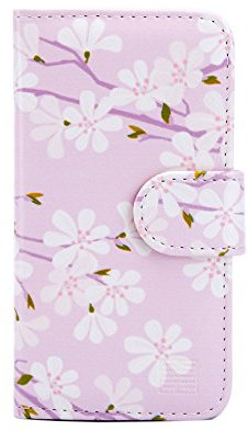 32nd Floral Series - Design PU Leather Book Wallet Case Cover for Apple iPhone 5, 5S, Designer Flower Pattern Wallet Style Flip Case With Card Slots - Cherry Blossom