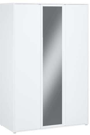 Forte LISSON Kleiderschrank 130, modern-minimalistischer Schrank, 3-türig mit Spiegel, Einlegeböden und Kleiderstange, Holzwerkstoff, Weiß, 129,5 cm breit x 193,7 cm hoch x 60,2 cm tief