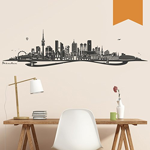 WANDKINGS Wandtattoo Skyline München mit Fluss 200 x 52 cm - Hellbraun - 35 Farben zur Wahl