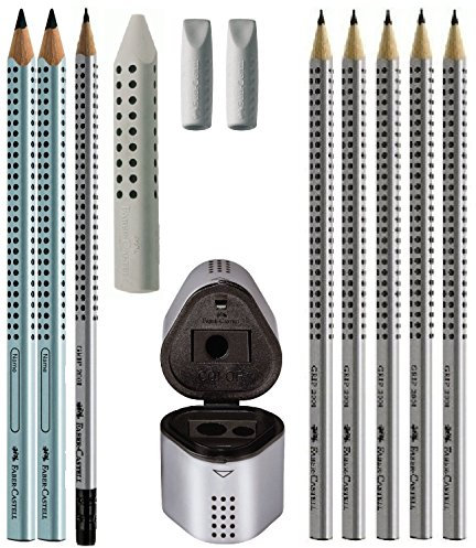 Faber-Castell 117075 12-teiliges Maxi Grip Set, silbergrau, 5 Bleistifte Grip 2001 Stärke HB , 1 Bleistift Grip 2001 Stärke HB mit Radierspitze, 2 Bleistifte Jumbo Grip 2001 Stärke B, Spitzdose 3-fach GRIP 2001, Radiergummikappen Grip grau 2 Stück, Dreikant Radiergummi GRIP 2001