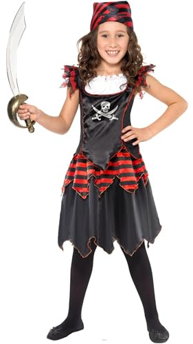 Smiffys Pirate Skull & Crossbones Girl Costume, Black with Dress & Headscarf, Girls Fancy Dress, Pirate Dress Up Costumes