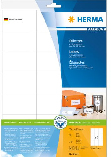 HERMA 8634 Universal Etiketten, 10 Blatt, 70 x 42,3 mm, 21 Stück pro A4 Bogen, 210 Aufkleber, selbstklebend, bedruckbar, blanko Klebeetiketten aus Papier für Laser / Inkjet Drucker, weiß