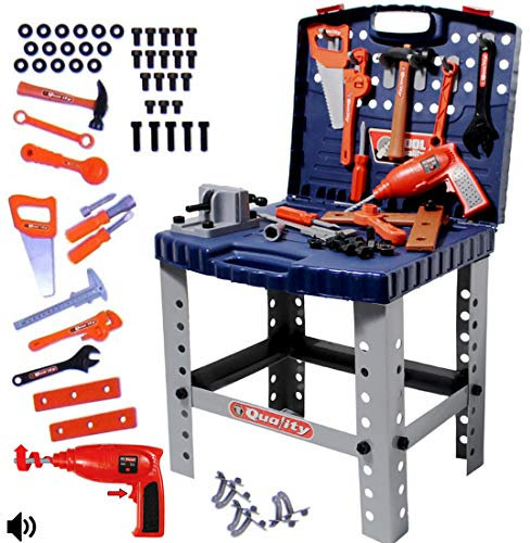 deAO Caja Herramientas Juguete,Taller Mecánico Plegable Maletín Herramientas y Accesorios de Juguete Playset Portátil,Incluye 60 Accesorios y Taladro,Regalo niño Juguetes Educativos 4 5 6 7 8 Años