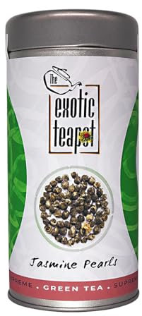 The Exotic Teapot - Supreme Jasmine Pearls Tea, 200g Tin, Premium Hand-Rolled Green Tea, Scented with Real Jasmine Blossoms
