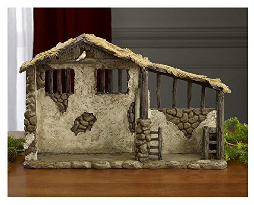 Three Kings Gifts Lighted Stable, Creche, Flat Bottom for Stability, Home Decorating Nativity Scene Set & Figures Shelter with White Dove, for 10 inch Scale Collection