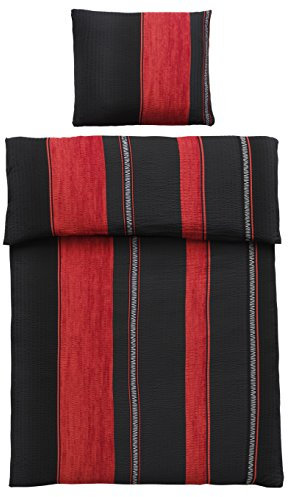 optidream 4-teilige Mikrofaser-Seersucker-Bettwäsche Schwarz Rot mit Reißverschluss, 2 x 135 x 200 cm, Bettbezug 2 x 80 cm, Kissenbezüge – Ko-Tex Standard 100