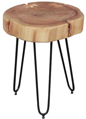 FineBuy Design Beistelltisch 30 x 30 x 41 cm Akazie Massivholz, Moderner Wohnzimmer Anstelltisch mit Metallbeinen, Dreibein Dekotisch braun mit Baumstammscheibe, Couchtisch klein