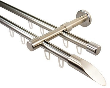 iso-design Edelstahl Optik Innenlauf Gardinenstange 2-läufig 16 mm mit Endstück Diagonal, 360 cm (2 x 180 cm)