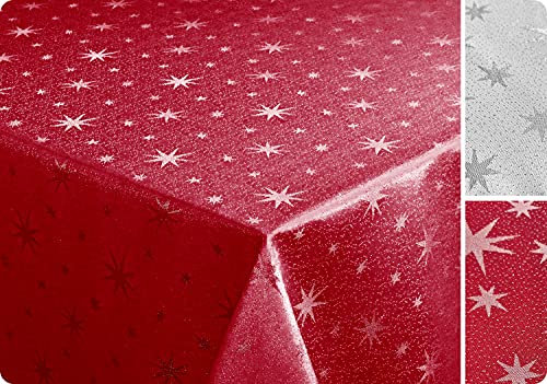 Lurex Sterne Tischdecke, Silber glänzend, Weihnachtstischdecke Größe und Farbe wählbar (Eckig 130x220 cm, Rot-Silber)