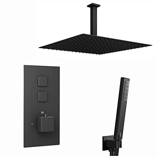 ENKI, Spello, SH0093, Square Thermostatic Concealed Shower Set Large 400mm Ceiling Mounted Shower & Handset Kit, Black