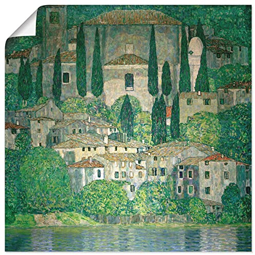 ARTLAND Wanddeko Poster & Kunstdrucke Wandposter 70x70 cm Kirche in Cassone Landschaft mit Zypressen Gardasee Art Nouveau & Jugendstil Gustav Klimt K3AO