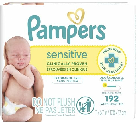 Pampers Sensitive Baby Wipes, Water Based, Clinically Proven, Hypoallergenic, and Unscented for Babies, 192 Wipes Total (3 Refill Packs) [Packaging May Vary]