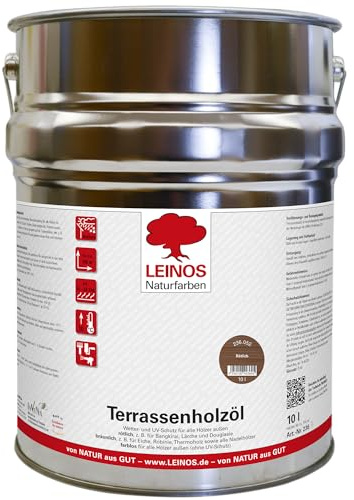 Leinos Terrassenholzöl 10,00 l – rötliches Premium Holzschutzöl für außen, ideal für Lärche, Eiche, Akazie & Teak – Teaköl & Lärchenöl für Terrassen, Zäune, Gartenmöbel, Kinderspielgeräte & mehr