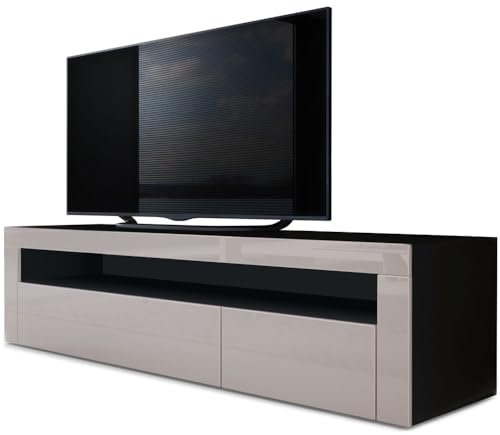 Vladon Lowboard Valencia, Made in Germany, TV-Kommode mit 1 offenem Fach und 2 Klappen, Schwarz matt/Sandgrau Hochglanz/Sandgrau Hochglanz (155 x 46 x 40 cm)