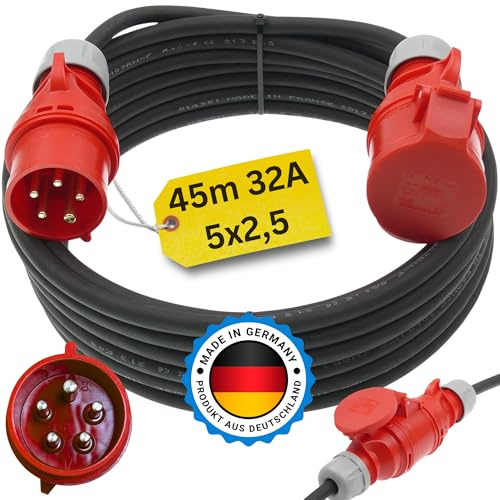 netbote24 Starkstromkabel 32A 45m H07RN-F 5x2,5 Starkstrom Verlängerungskabel CEE Verlängerung 32 Ampere Kabel 5x2,5mm2 Baustelle Werkstatt Industrie Geeignet Outdoor IP44 Spritzwassergeschützt