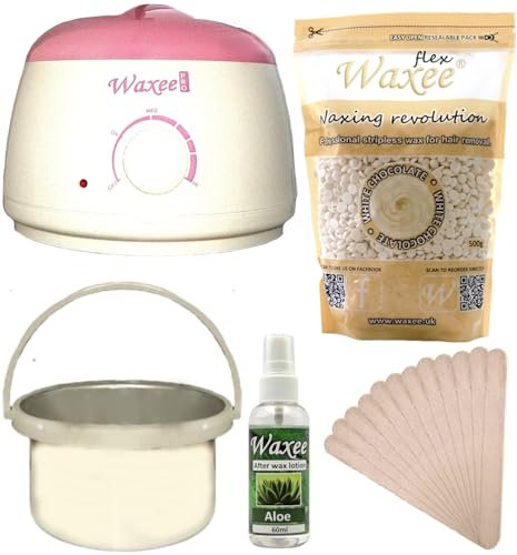 Film hard wax waxing kit Heater After wax oil Spatulas PROFESSIONAL COMPLETE kit with WAXEE FLEX 500g stripless wax. (White Chocolate)