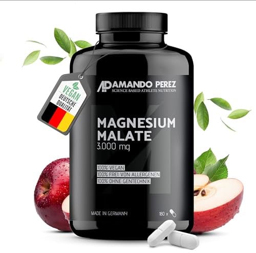 Amando Perez Magnesium Malat Tabletten 3000mg Hochdosiert - 180 Stück Magnesiummalat Vegan & Laborgeprüft (450mg Magnesium) Kapseln für Sport - Trägt zu einer normalen Muskelfunktion bei