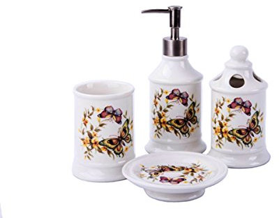 Landhaus Vintage BADSET Schmetterlinge Badezimmer ZUBEHÖR Set SEIFENSPENDER WC BÜRSTE Keramik (4 er Set)