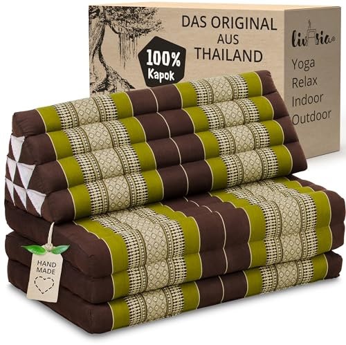 livasia Thaikissen 3 Auflagen für Paare XXL - 190x80x8cm - Dreieckskissen Klappmatratze, extrabreit Kapok, Rückenkissen faltbar, Thaimatte zum Klappen, Meditationskissen (Braun/Grün)