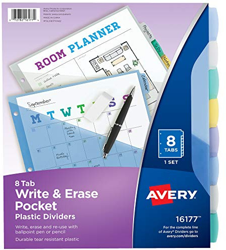 Avery Write & Erase Pocket Plastic Dividers for 3 Ring Binders, 8 Tab Set, Multicolor, Works with Sheet Protectors, 1 Set (16177)