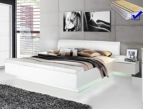 expendio Doppelbett Sophie 1 weiß teilweise Hochglanz 180x200 Ehebett mit 2X Nachtkonsole Lattenrost Matratze Bettgestell Nachttisch