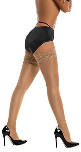 DORALLURE Thigh High Stockings Silicone Lace Top Stay Up Silky Semi Sheer Pantyhose for Women Hold Up Nylon